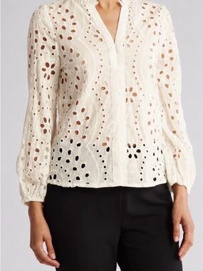 Forgotten Grace Ivory Eyelet Embroidered Boho Blouse Romantic Puff Sleeve Top XL